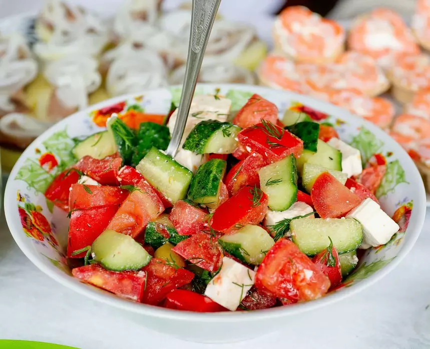 Cucumber Tomato Salad with Goat Cheese - Mediterranean Catering San Diego